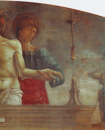 «Оплакивание. Мёртвый Христос со святыми Марком и Николаем», фрагмент, Джованни Беллини, 1472 год