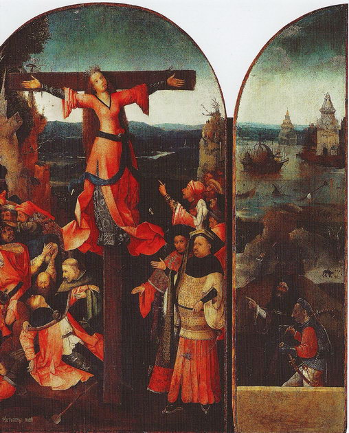 «Триптих с распятой святой мученицей», Иероним Босх, 1500-1504 гг. Распятая мученица и Солдат с монахом.