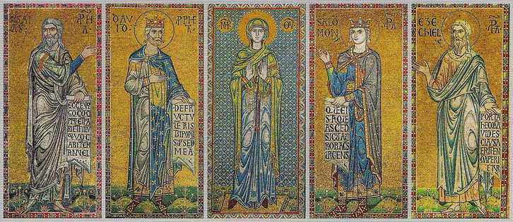 Мозаика Богоматерь Оранта среди пророков Исайя, Давид, Соломон, Иезекиль
