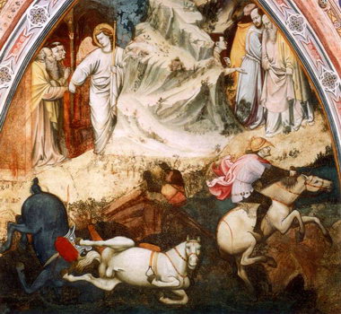 Фреска «Преследователи учеников Святого Якова, упавшие со скалы» работы Альтикьеро да Верона