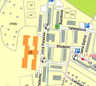 Карта Кутна Гора - Северные окраины города Кутна Гора, улица Оплеталова, улица Яна Палаха