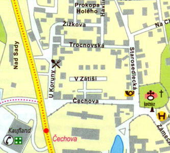 Карта Кутна Гора - Предместье Седлец, Костница, улицы Витежна, Чехова и Замецка