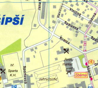Карта Кутна Гора - Район Шипши, улицы Бенешова и Масарикова