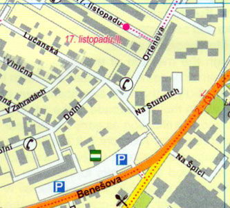 Карта Кутна Гора - Улицы Бенешова, Масарикова и Витежна, речка Врхлице