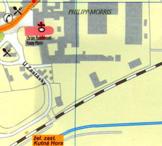 Карта Кутна Гора - Предместье Седлец, улица Витежна, железнодорожный вокзал Кутна Гора
