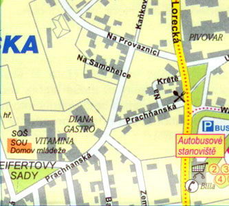 Карта Кутна Гора - Район Шипши, улицы Лорецка и Бенешова, автостанция Кутна Гора