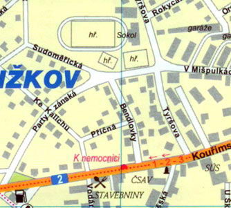 Карта Кутна Гора - Западные окраины города Кутна Гора, район Жижков
