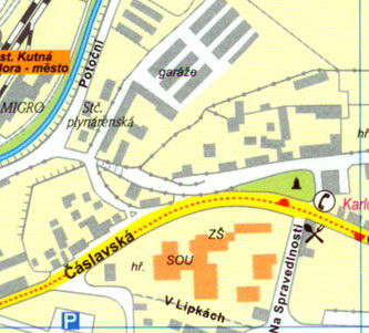 Карта Кутна Гора - Предместье Карлов, улицы Чаславска и Хрнчиржска