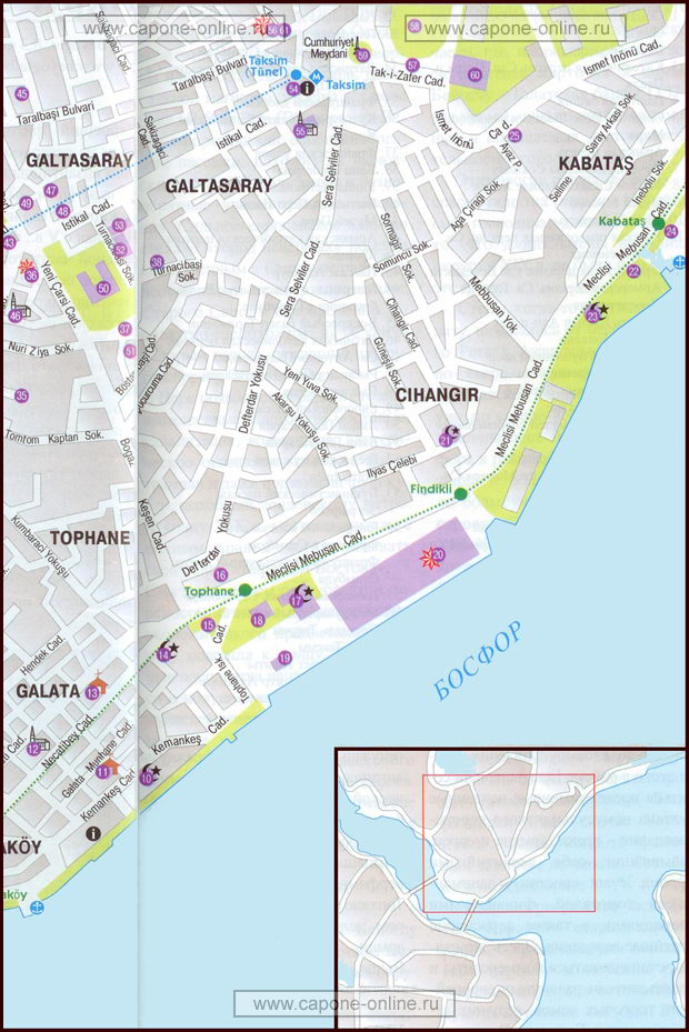 Карта достопримечательности Стамбула в Таксиме и Галатасарае